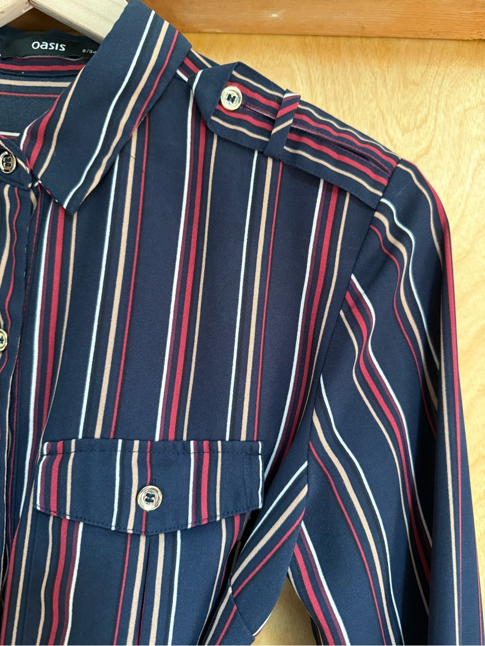 Small Oasis Belted Stripe Retro Midi Shirt Dress Navy Multi Knee Length US 4